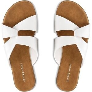 CentroPoint Women's Flat Open Toe Slip On Cross Strap Sandals - White - 8.5